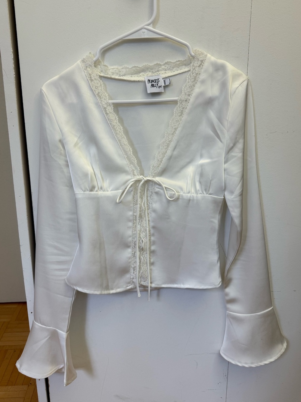 Princess Polly Ivory Lace-Trim Satin V-Neck Tie Front Top (Hunton Long Sleeve)